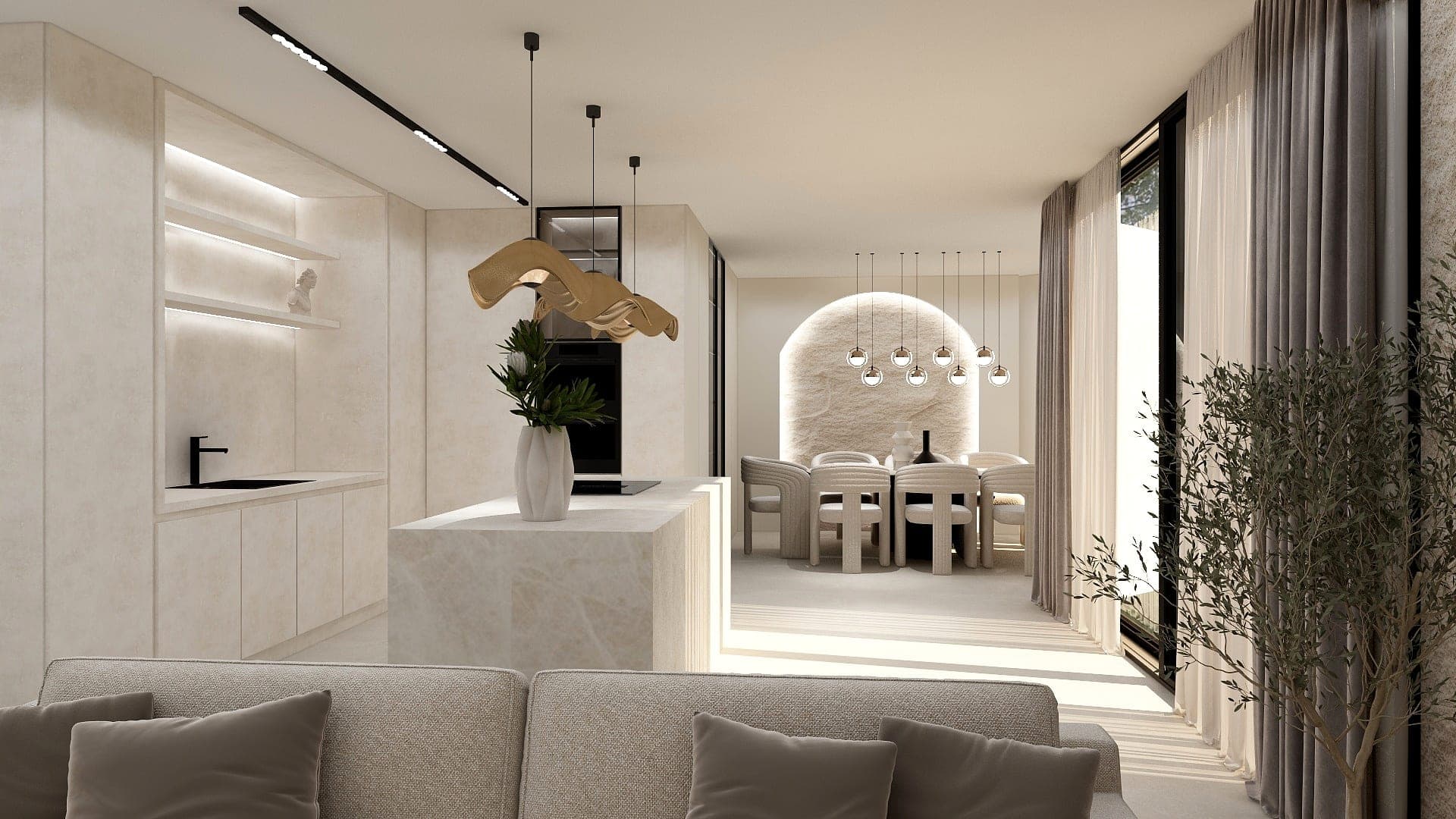 Minimalistička kuhinja sa ostrvom, lučnim otvorom i zidovima u mikrocementu
